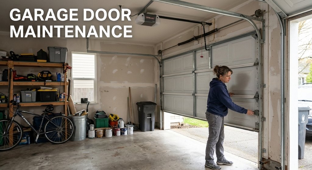 Homeowner inspecting a residential garage door during routine maintenance