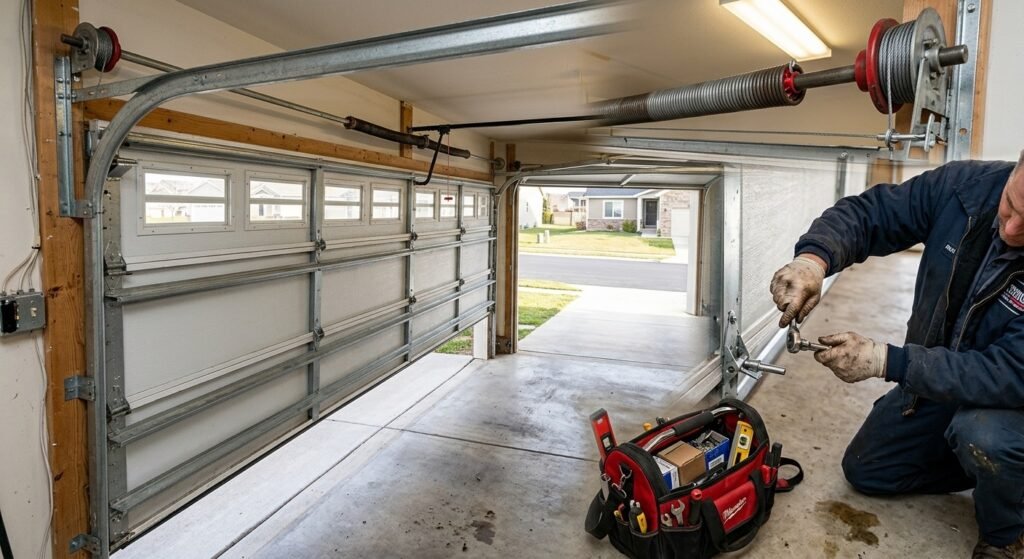 Garage door panels tracks springs rollers and hardware during installation