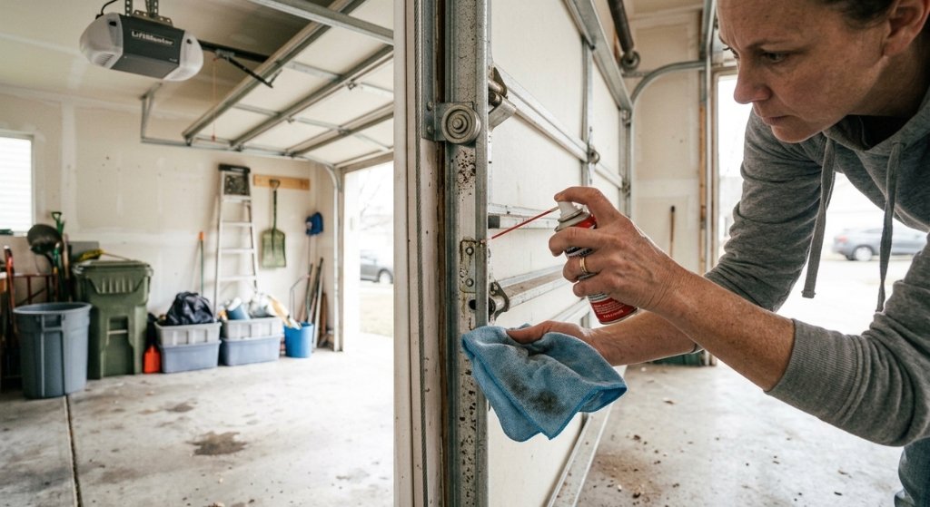 Homeowner lubricating a garage door hinge and moving parts
