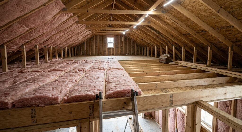 Garage ceiling insulation installed between attic joists
