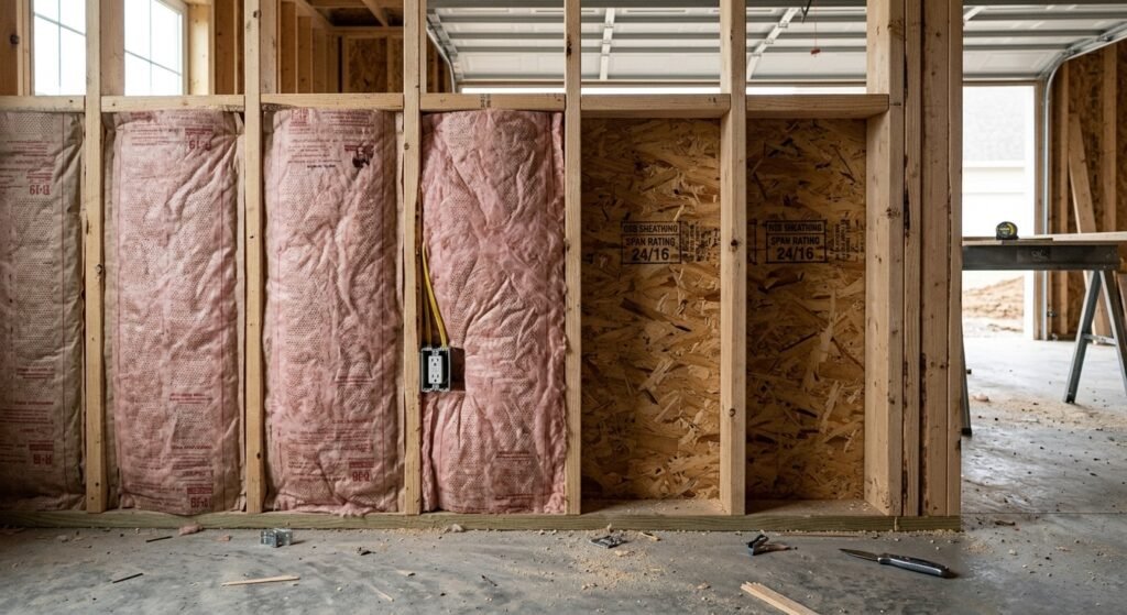 Fiberglass insulation installed between 24x24 garage wall studs