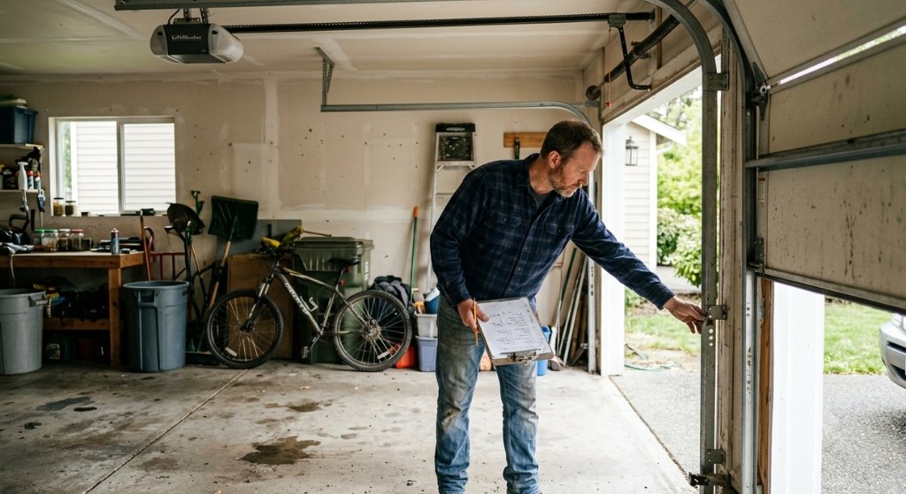 Homeowner checking a garage door maintenance checklist