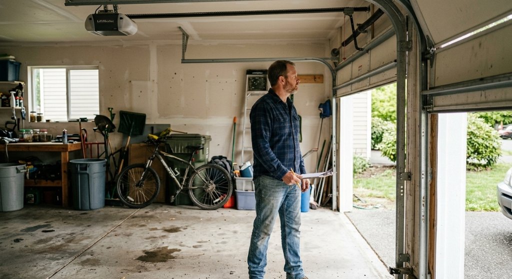 Homeowner inspecting garage door operation while it opens