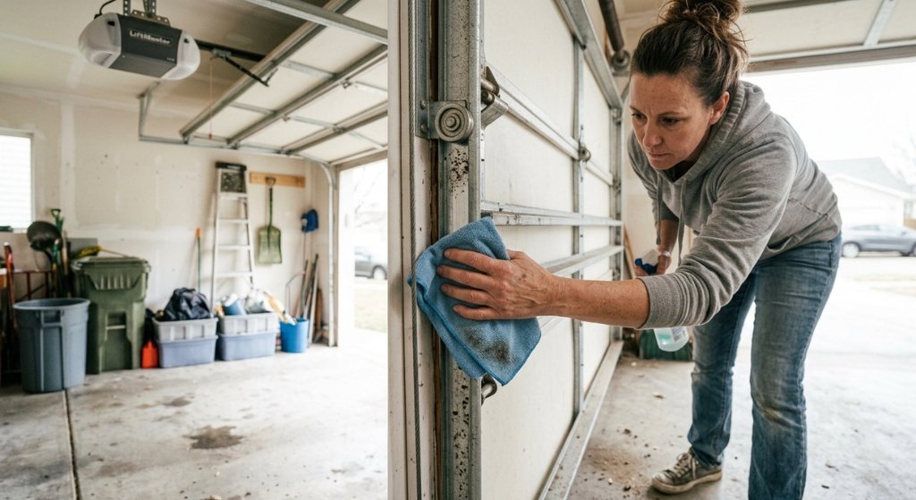 Homeowner cleaning dirt and debris from garage door tracks