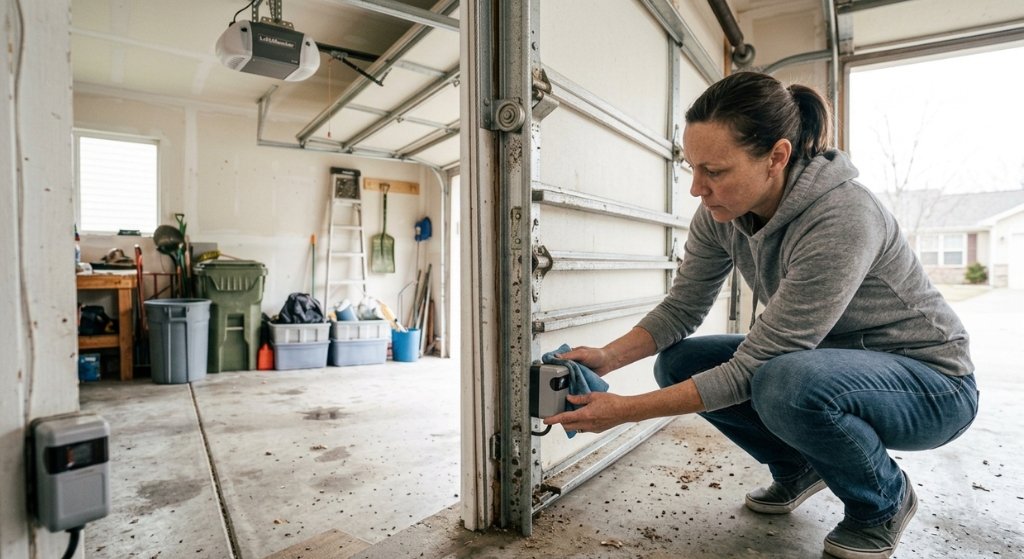 Homeowner cleaning garage door photo eye safety sensors