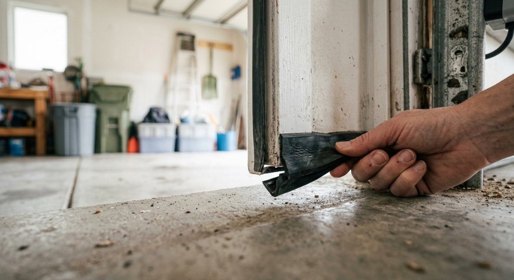 Homeowner checking garage door weather seal for gaps