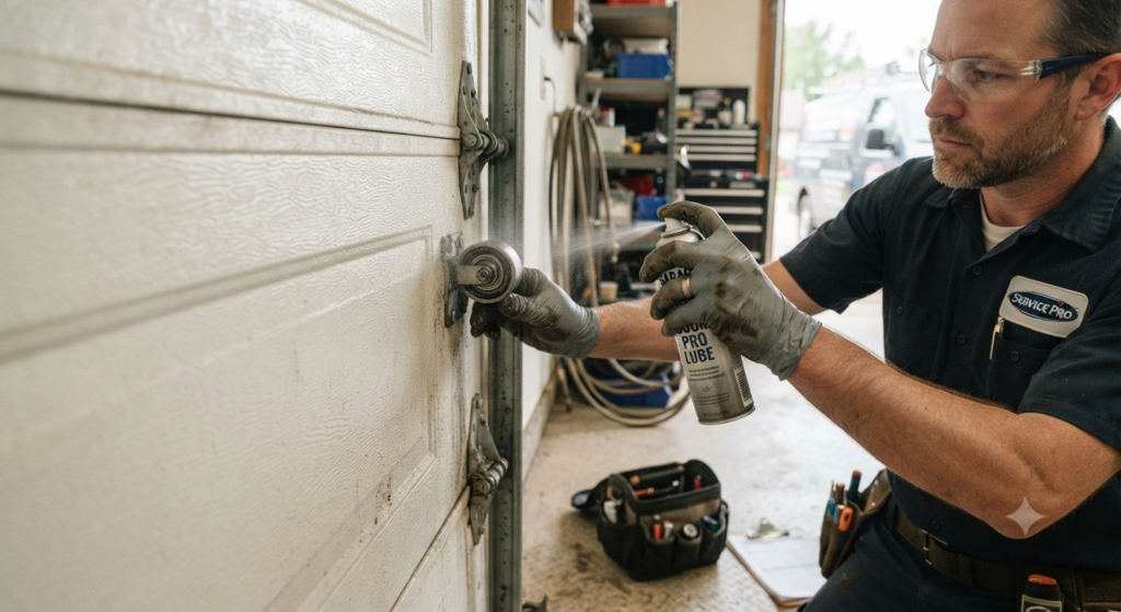 Professional garage door maintenance on rollers, hinges, and tracks
