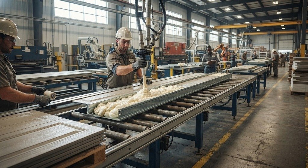 Polyurethane foam injected into a garage door panel during manufacturing