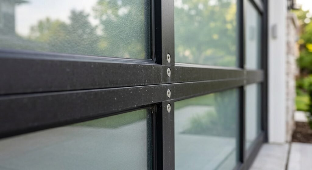 Close-up of aluminum frame and tempered glass garage door panel