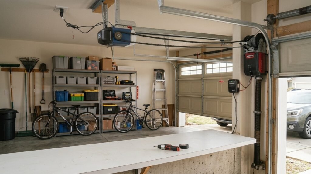 Belt drive garage door opener with rubber belt and overhead rail