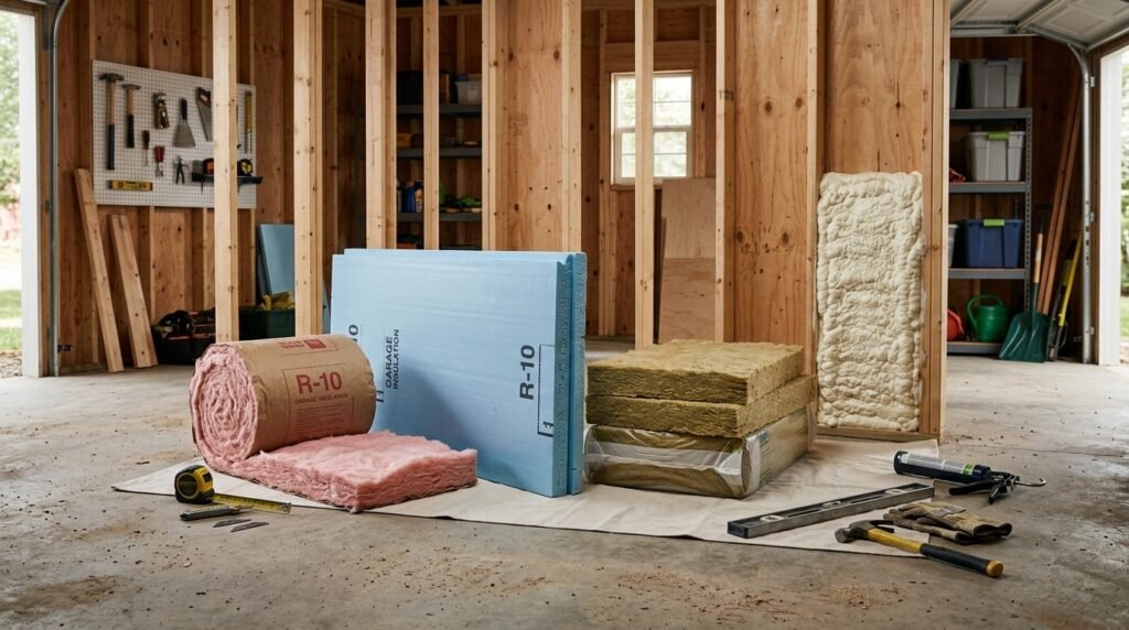 Common insulation materials for a detached garage including fiberglass foam board and mineral wool