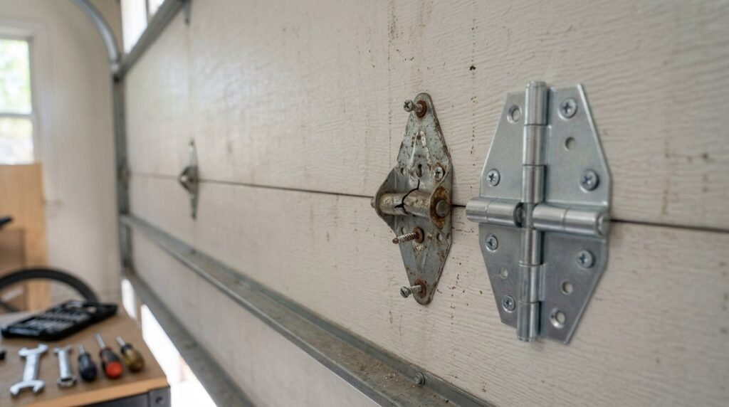Bent and damaged garage door hinge showing signs of wear and cracking