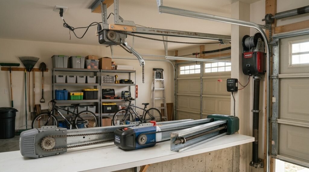 Chain drive garage door opener with visible metal chain and overhead rail