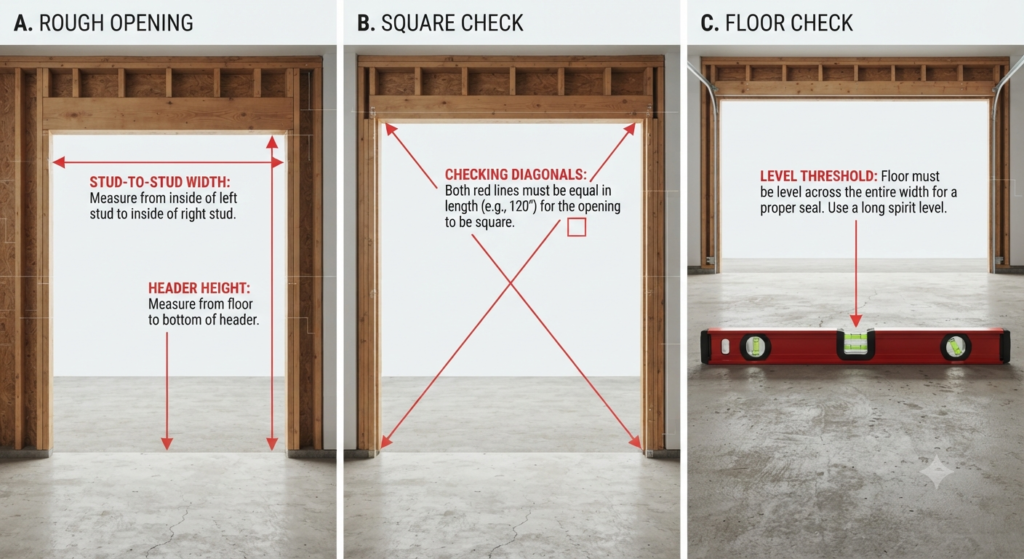 Diagram showing how to check a garage door opening for framing square and floor level