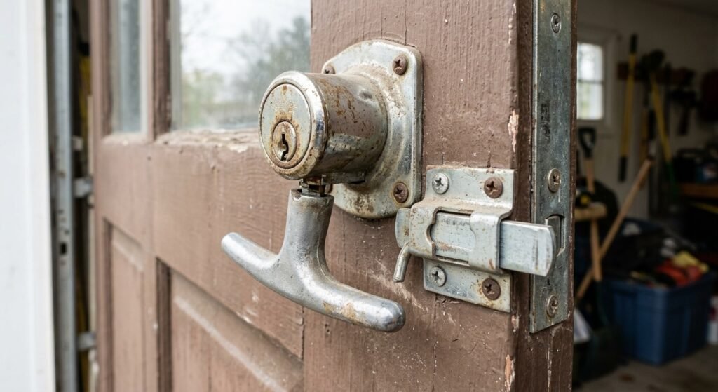 Worn garage door lock hardware showing rust, loose parts, and normal wear
