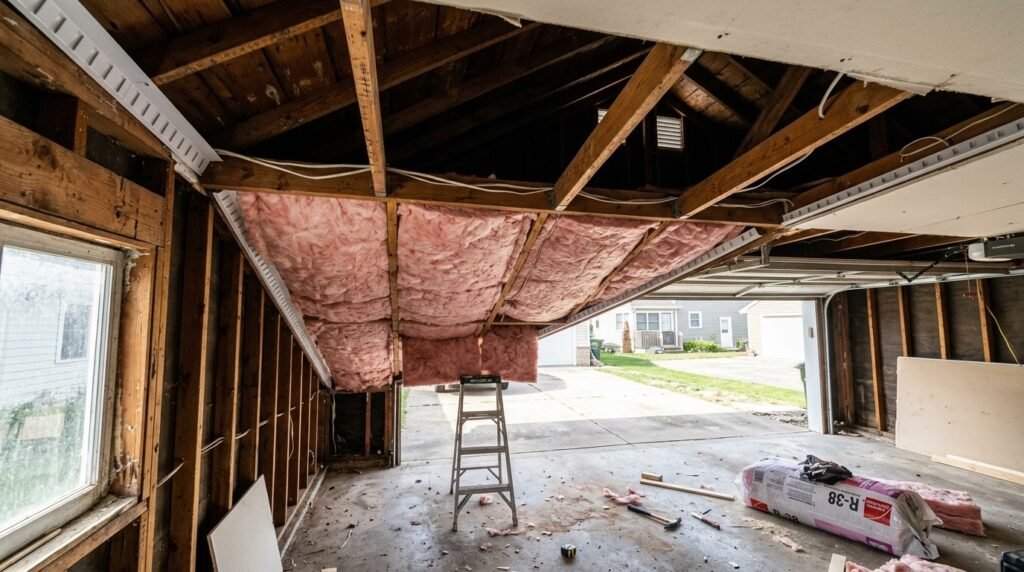 Detached garage ceiling insulation between joists with attic ventilation