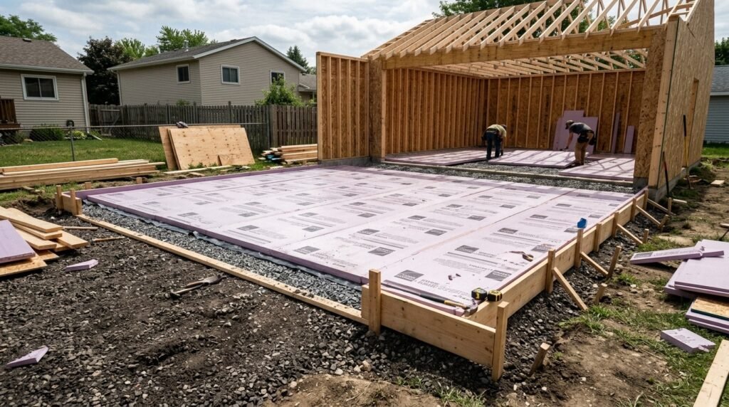 Rigid foam insulation installed under a new detached garage concrete slab
