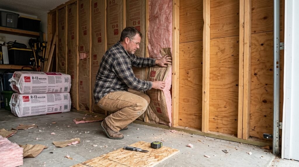 Installing fiberglass insulation between detached garage wall studs