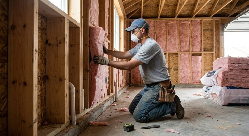 Professional installing fiberglass insulation in a residential garage