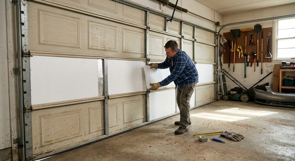 Homeowner installing insulation in an existing garage door