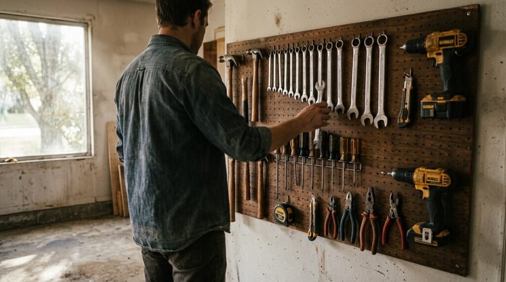 Homeowner reaching for a tool mounted at eye level on a garage wall