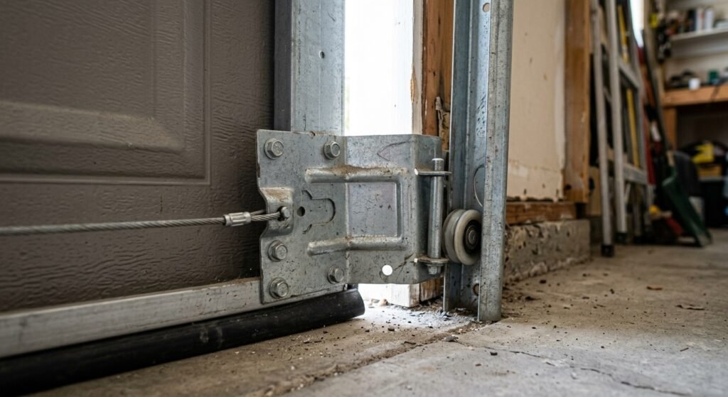 Bottom garage door bracket connecting the lower door section to the lift cable and roller