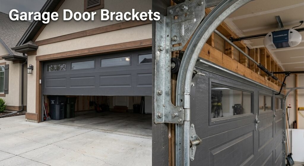 Garage door brackets supporting rollers and track hardware on a sectional garage door