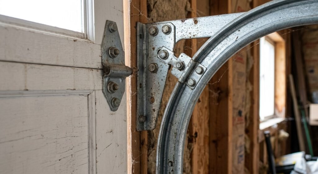 Flag bracket supporting the connection between vertical and horizontal garage door tracks