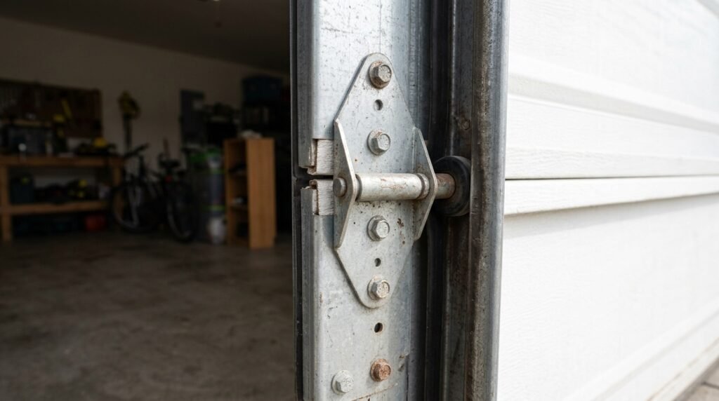 Garage door hinge connecting sectional door panels beside the roller track