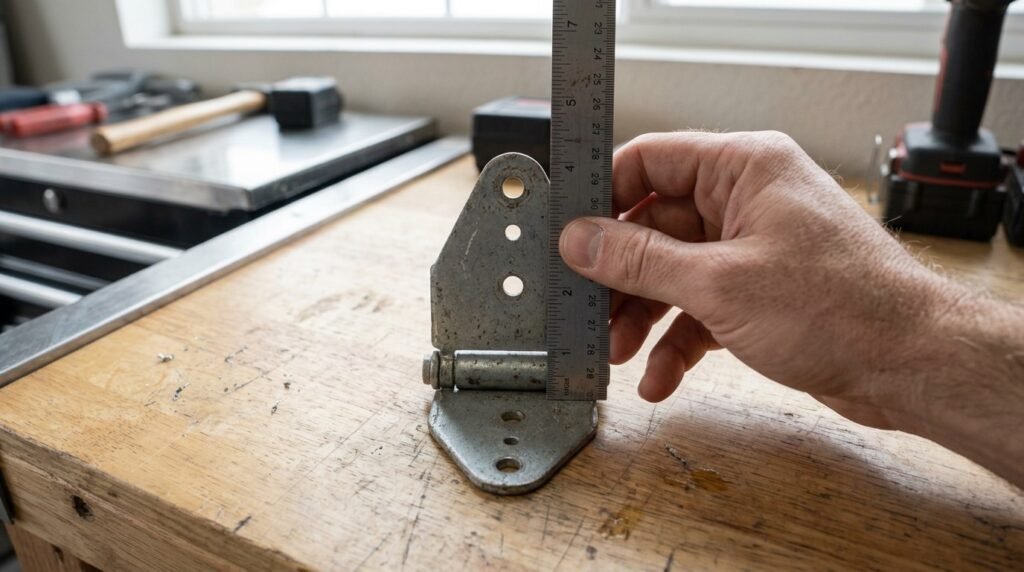 Measuring a garage door hinge from the bottom to the center of the upper hole
