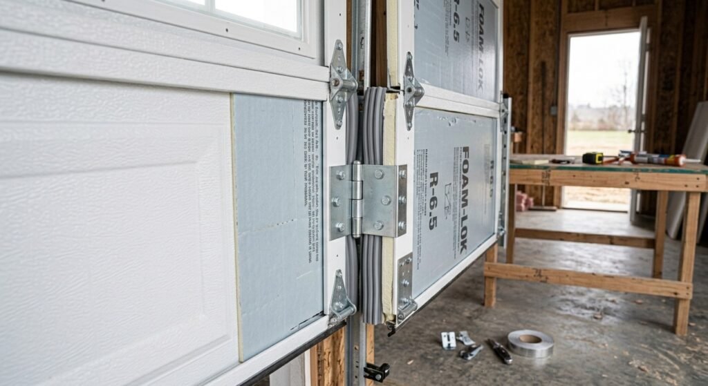 Garage door panels with insulation and weatherstripping