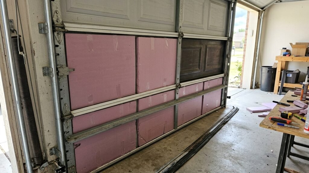 Rigid foam panels installed inside a garage door for insulation