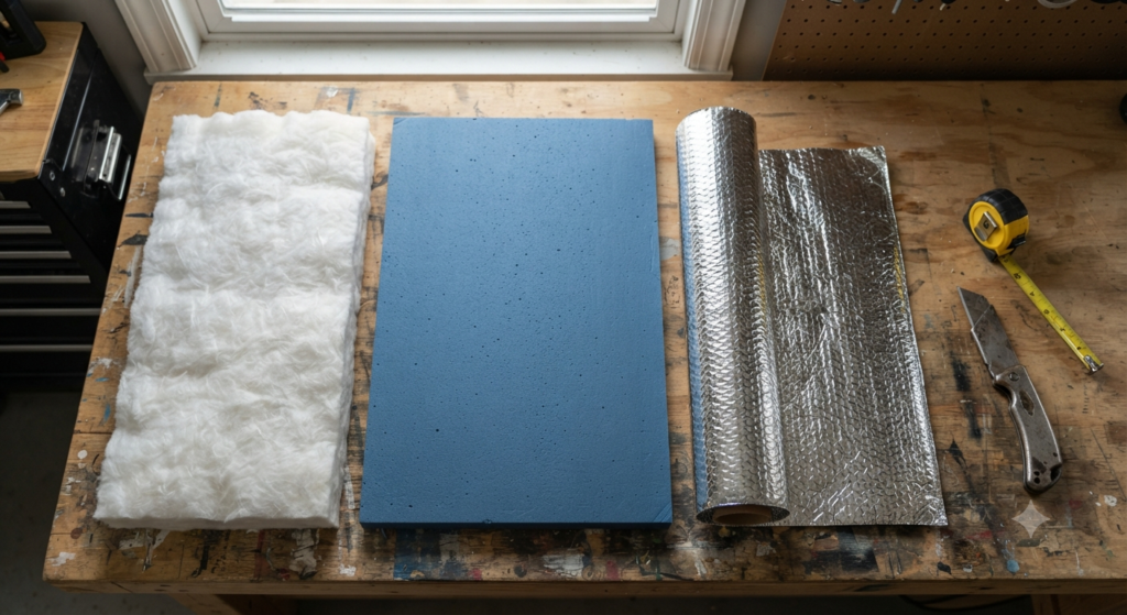 Fiberglass foam board and reflective garage door insulation materials