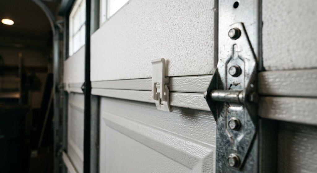 Retaining clips securing an insulation panel inside a garage door