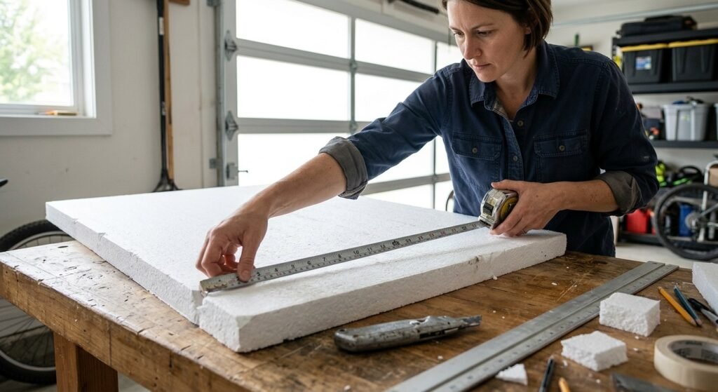 Measuring the size of a garage door insulation panel with a tape measure