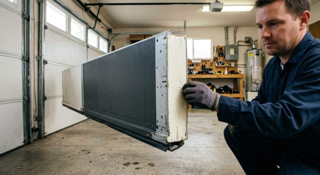 Insulated garage door panel showing thick insulation for better R-value