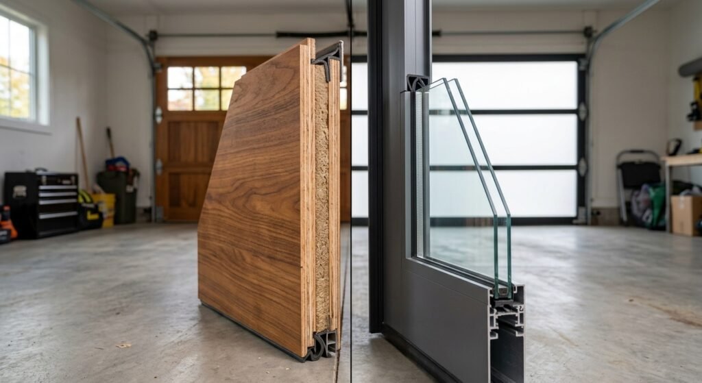 Insulated wood and double-pane glass garage door comparison