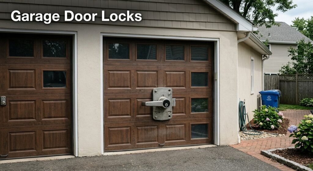 Garage door with a visible locking mechanism on a residential sectional garage door