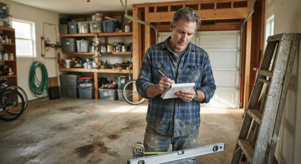 Homeowner recording garage door measurements on a checklist