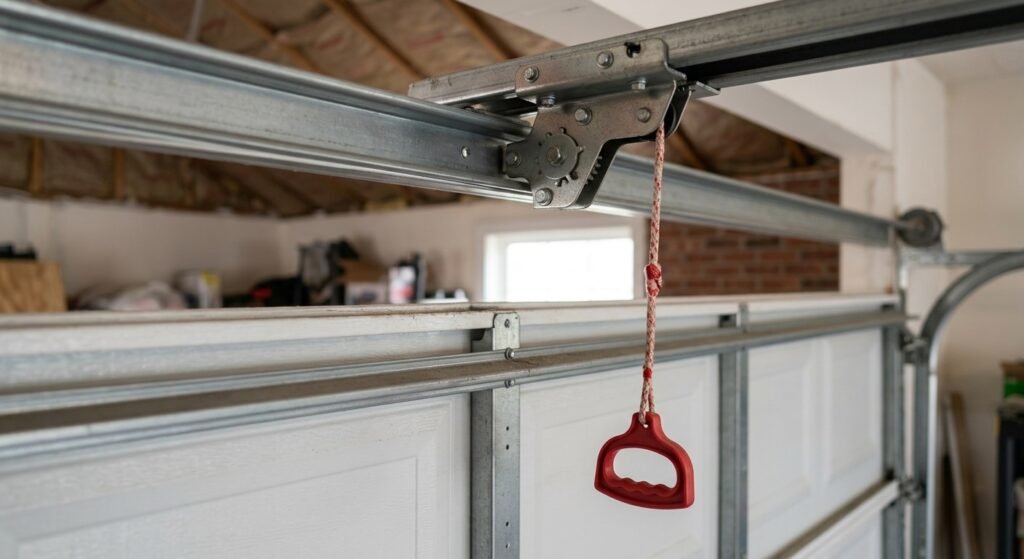 Garage door opener emergency release mechanism above a closed garage door