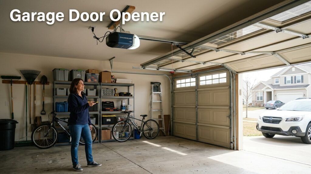 Garage door opener installed on a residential garage ceiling