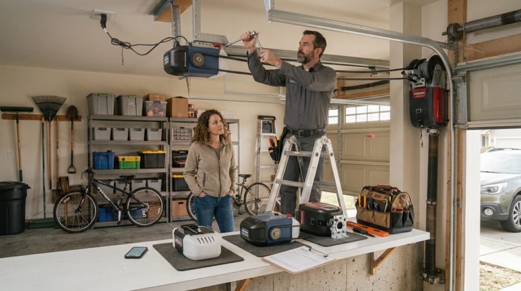 Professional installing a garage door opener in a residential garage