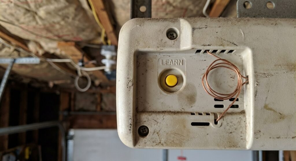 Learn button location on a garage door opener motor unit for reset