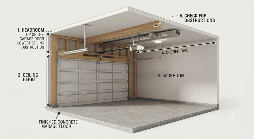 Garage door opener measurement diagram showing headroom, ceiling height, backroom, opener rail, and obstructions