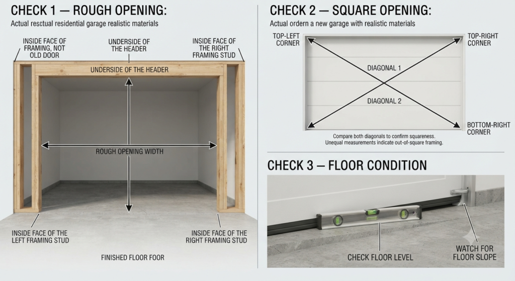 Garage door opening rough opening, square check, and floor level inspection