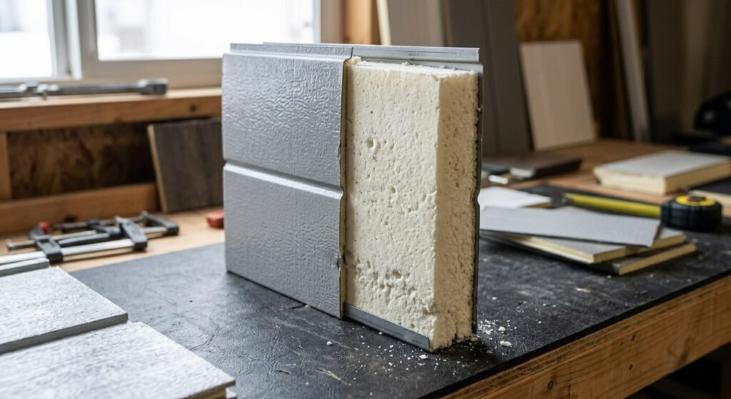 Insulated garage door section showing insulation core