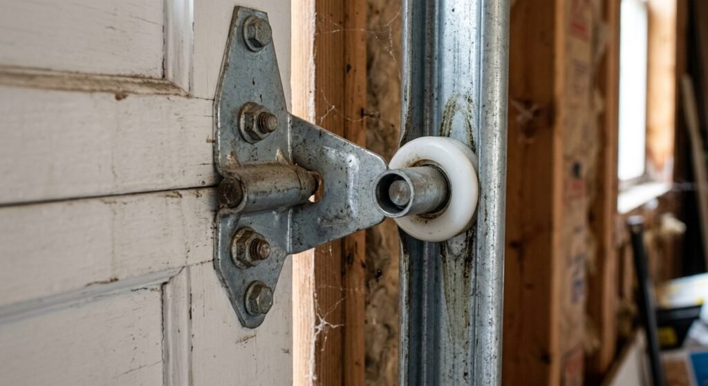 Garage door roller bracket holding a roller inside the vertical track