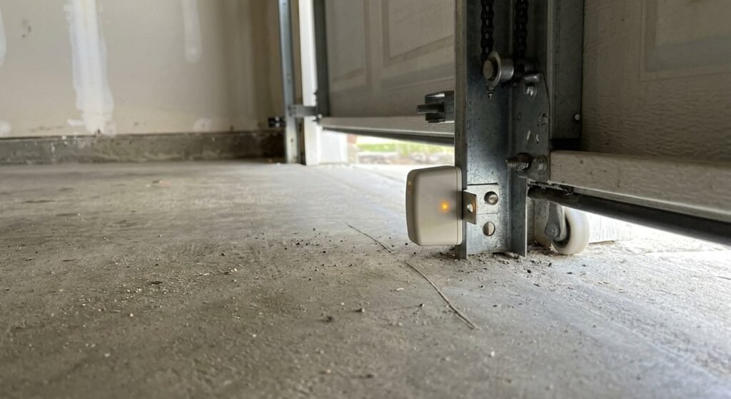 Garage door safety sensor near the bottom of the track with indicator light