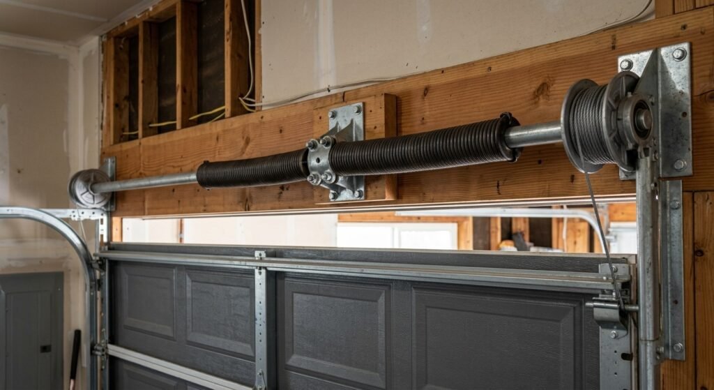 Torsion shaft with center support bracket and end bearing plate on a garage door