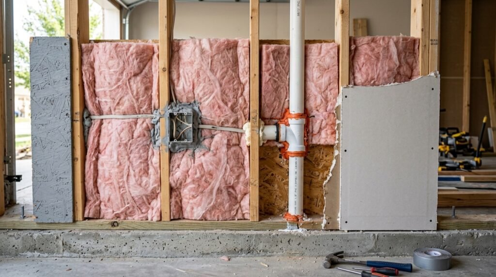 Garage wall showing insulation air sealing and moisture control